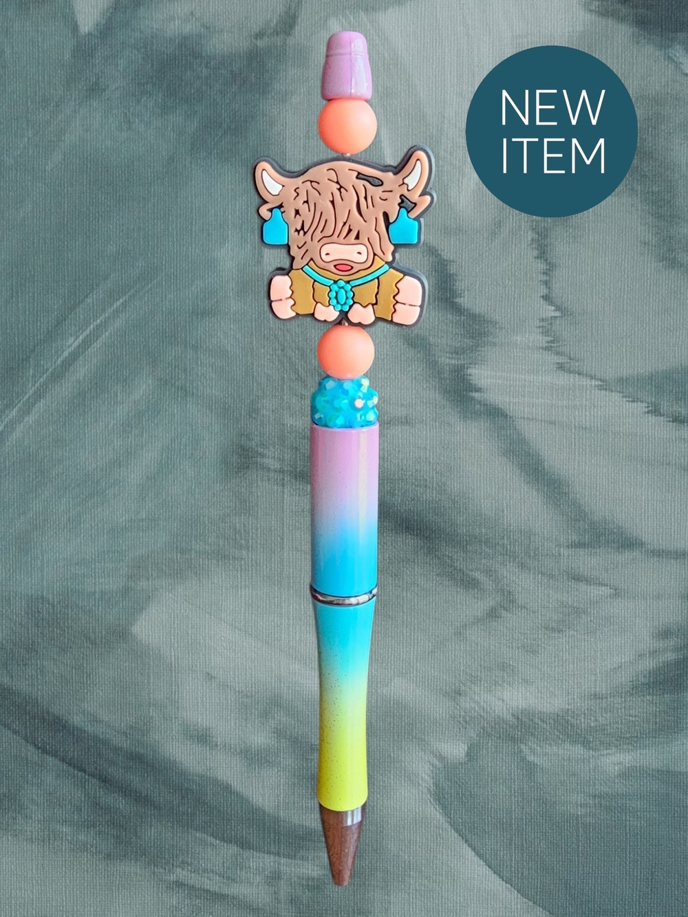 Highland Cow Rainbow Beaded Pen